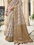 Cream Printed Tussar Silk Saree With Blouse Piece