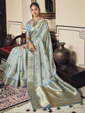 Sky Blue Printed Tussar Silk Saree With Blouse Piece