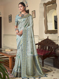 Sky Blue Printed Tussar Silk Saree With Blouse Piece