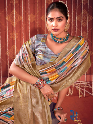 Multicolor Printed Satin Silk Saree With Blouse Piece