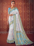 Blue & White Printed Satin Silk Saree With Blouse Piece