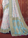 Blue & White Printed Satin Silk Saree With Blouse Piece