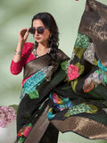 Black Digital Printed Viscose Saree With Blouse Piece