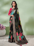 Black Digital Printed Viscose Saree With Blouse Piece