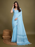 Blue Linen Daily Wear Saree With Blouse Piece