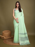 Sea Green Linen Daily Wear Saree With Blouse Piece