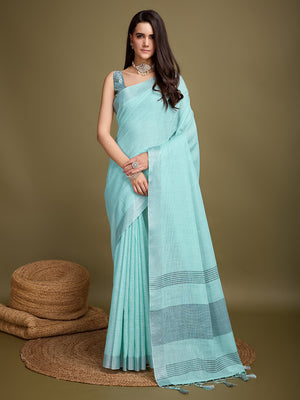 Turquoise Blue Linen Daily Wear Saree With Blouse Piece