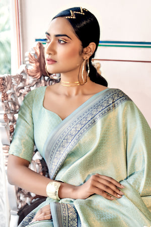 Designer Traditional Saree Handwork Kanjivaram Silk in Green