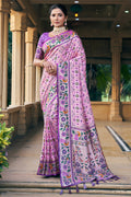 Pink Patola Silk Blend Saree With Blouse Piece