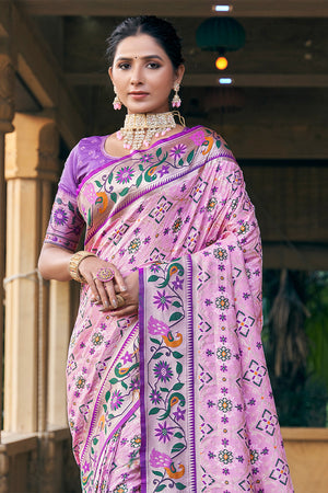 Pink Patola Silk Blend Saree With Blouse Piece