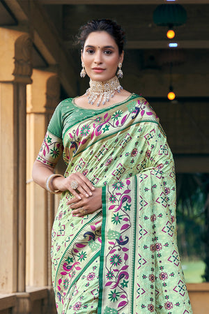 Pista Green Patola Silk Blend Saree With Blouse Piece