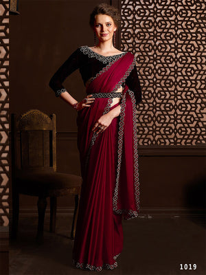 Maroon Satin Chiffon Saree With Blouse Piece