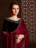 Maroon Satin Chiffon Saree With Blouse Piece