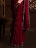 Maroon Satin Chiffon Saree With Blouse Piece