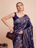 Navy Blue Silk Saree With Blouse Piece