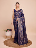 Navy Blue Silk Saree With Blouse Piece