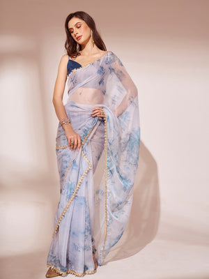 Blue Organza Party Wear Saree With Blouse Piece