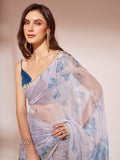 Blue Organza Party Wear Saree With Blouse Piece