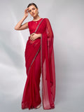 Red Satin Party Wear Saree With Blouse Piece