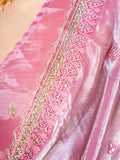 Embroidered Embellished Pink Organza Saree With Blouse Piece