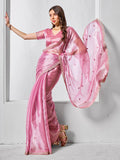 Embroidered Embellished Pink Organza Saree With Blouse Piece