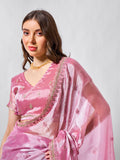 Embroidered Embellished Pink Organza Saree With Blouse Piece