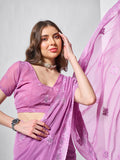 Embroidered Embellished Lavender Chifon Saree With Blouse Piece