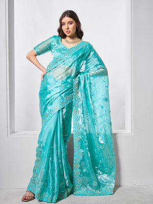 Embellished Beads and Stone Organza Saree With Blouse Piece