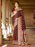 Brown Satin Silk Saree With Blouse Piece