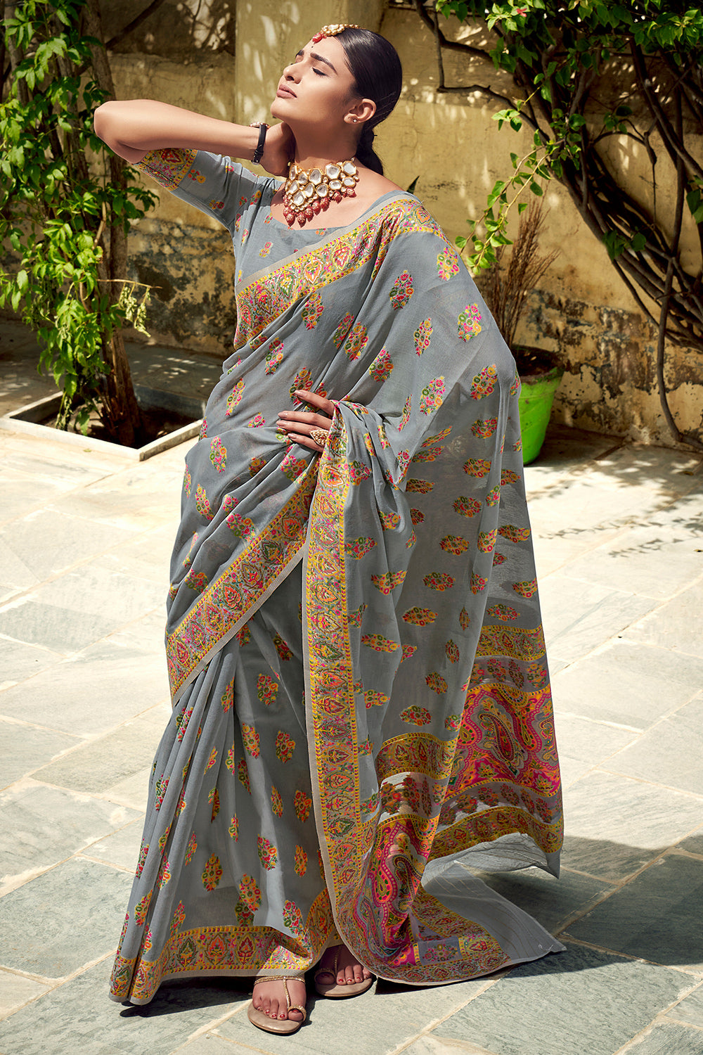 Floral Grey Silk Saree