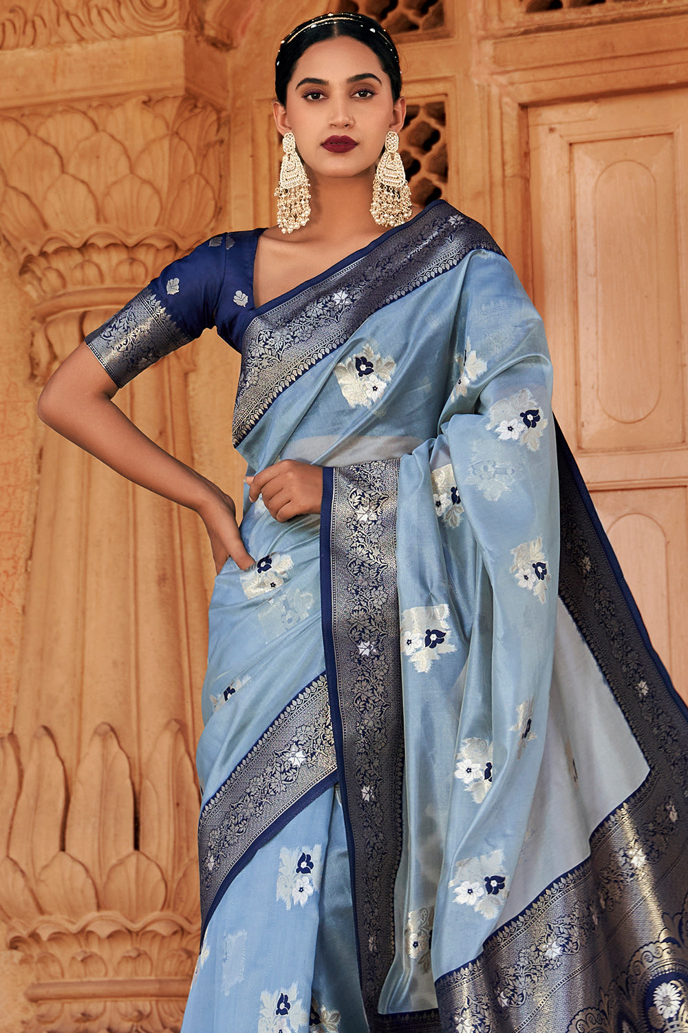 Banarasee Faux Georgette Saree With Antique Gold Zari work-Sky Blue &