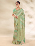 Green Cotton Thread Work Saree With Blouse Piece