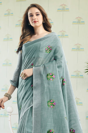 Grey Linen Cotton Saree With Blouse Piece