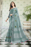 Grey Linen Cotton Saree With Blouse Piece