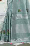 Grey Linen Cotton Saree With Blouse Piece