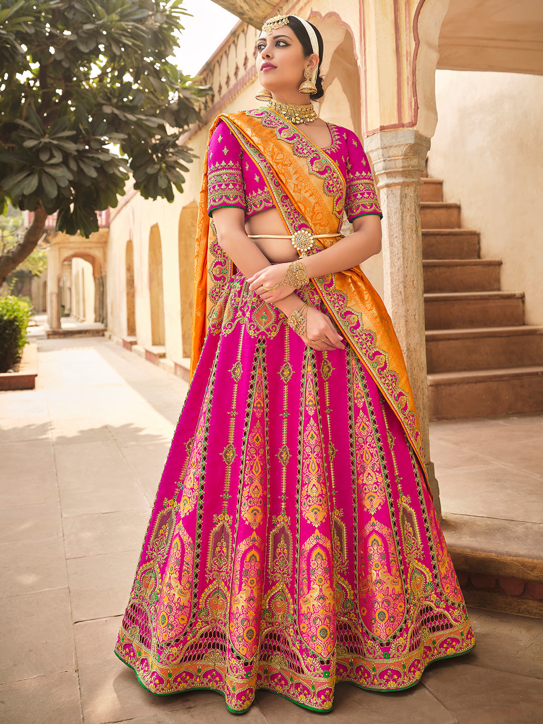 Buy Flamboyant Yellow-Pink Colored Bridal wear Embroidered Lehenga Choli  from Designer Lehenga choli – Designer Lehenga Choli