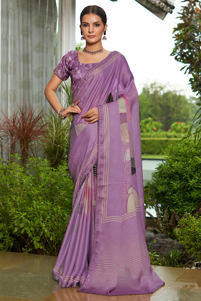 Light Purple Woven Satin Silk Saree With Embroidered Blouse – Zari Banaras