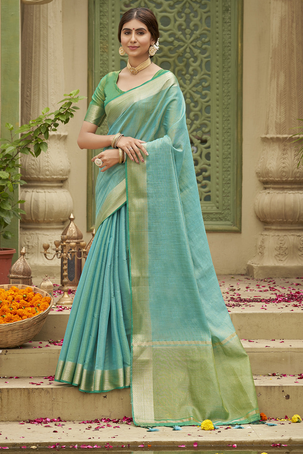 Sky Blue Sequence Cotton Silk Saree With Blouse Piece - Sutisaree