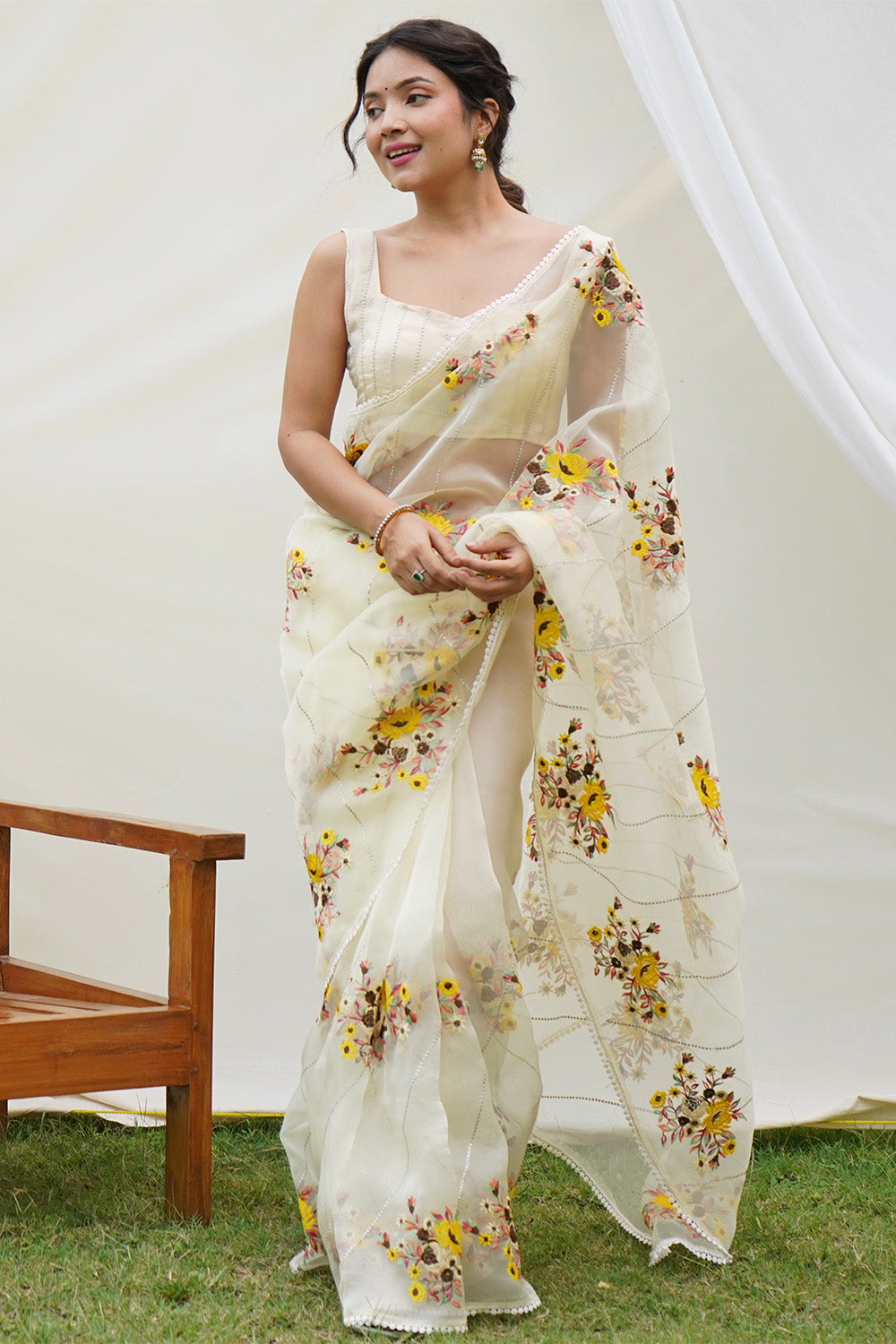 Buy Yellow organza saree with floral digital print Online - Kalki Fashion