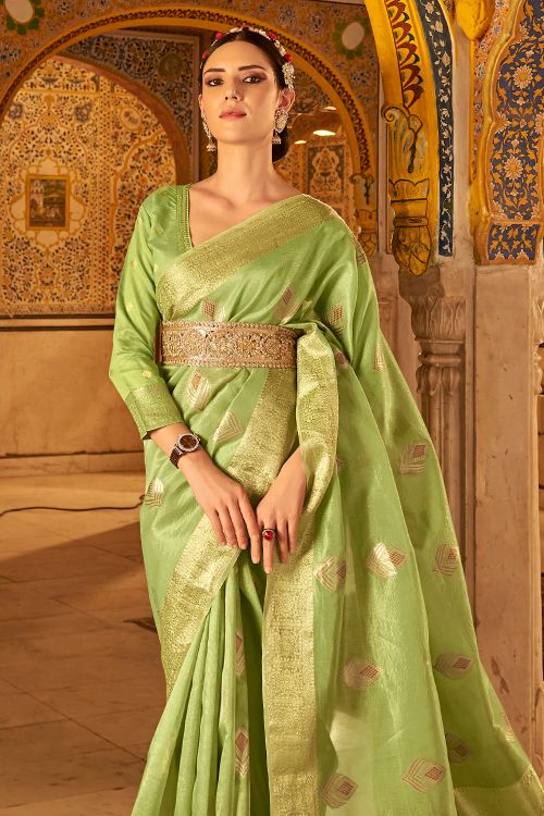 Parrot Green with Golden Color Half Silk Tanchuri Saree with Running Blouse  Piece