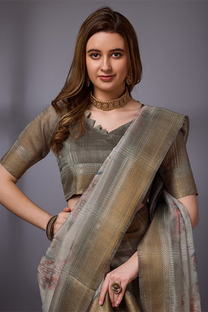 Grey Organza Saree With Blouse Piece