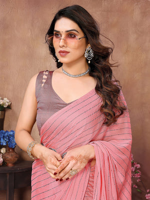 Peach Satin Silk Saree With Blouse Piece