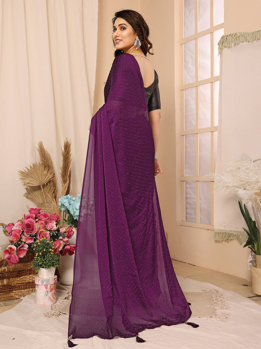 Buy Purple Satin Chiffon Saree With Blouse Piece online-Karagiri