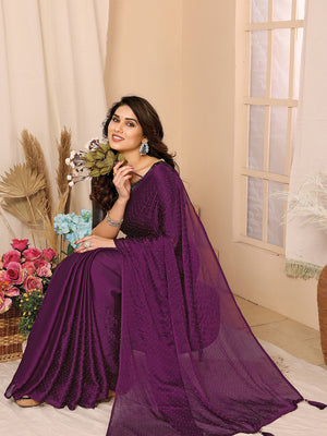 Purple Satin Chiffon Saree With Blouse Piece