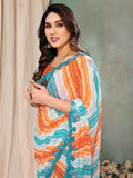 Orange & Blue Georgette Saree With Blouse Piece