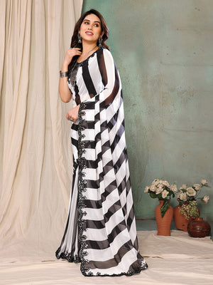 Black & White Georgette Saree With Blouse Piece