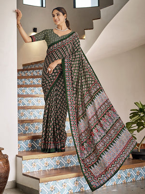 Multi Colour Mulmul Cottons Saree With Blouse Piece