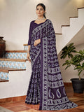 Blue Mulmul Cottons Saree With Blouse Piece