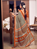 Orange And Black Mulmul Cottons Saree With Blouse Piece