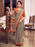 Orange And Black Mulmul Cottons Saree With Blouse Piece